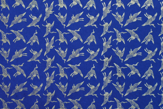 Lokta Print Cranes in Flight Gold on Blue