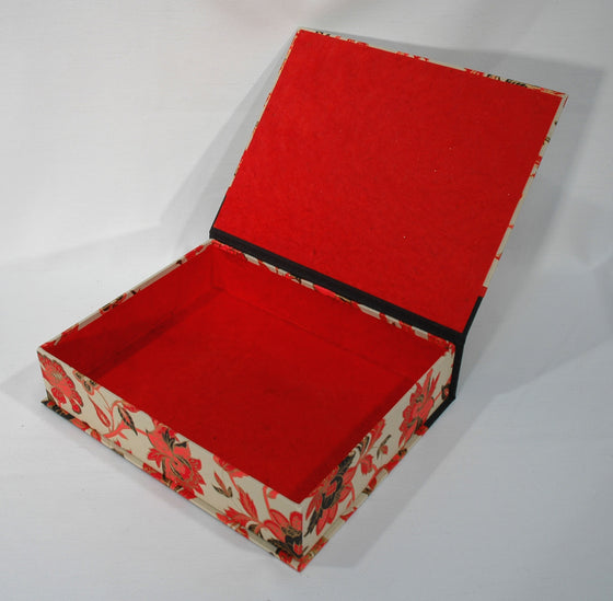 Box Hinged Lid Medium - Indian Print Tapestry Red & Black on Grey